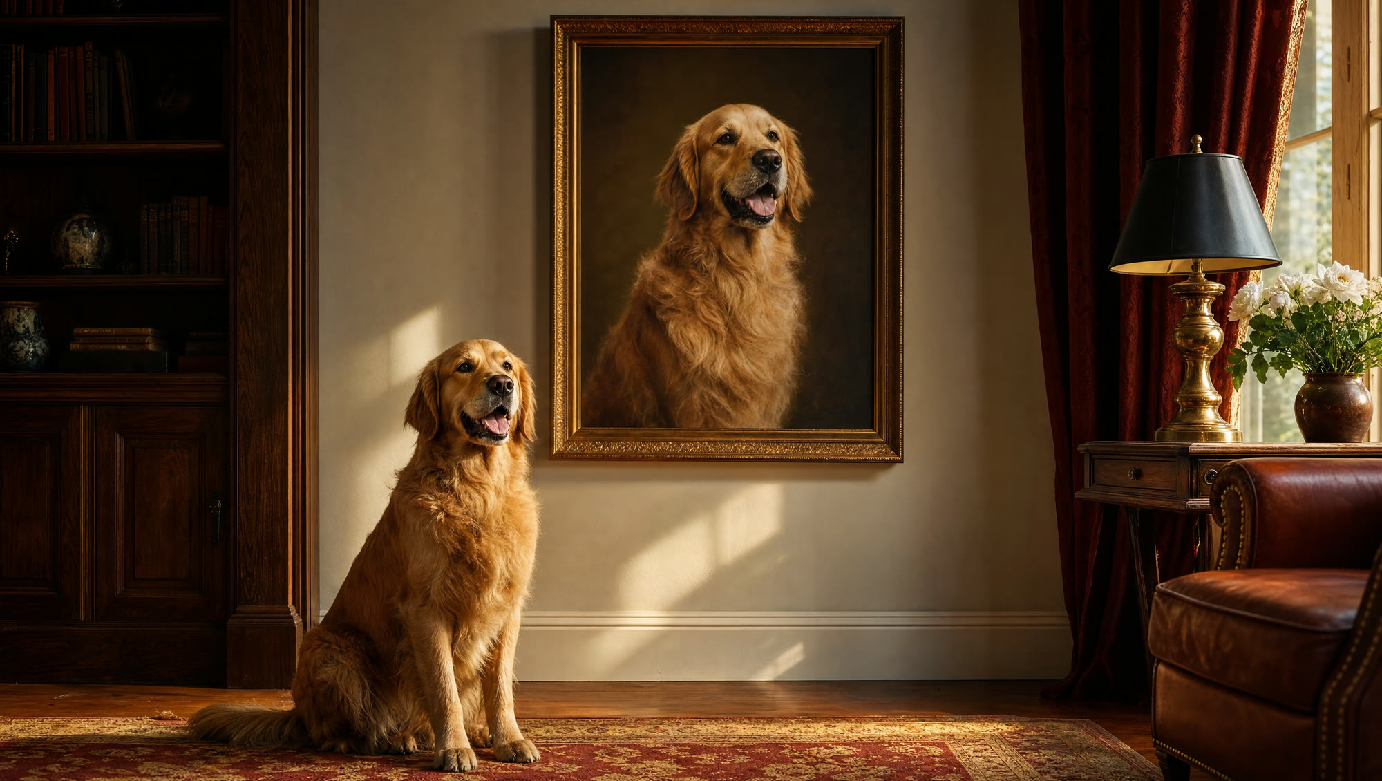 A dog beside its finished framed portrait