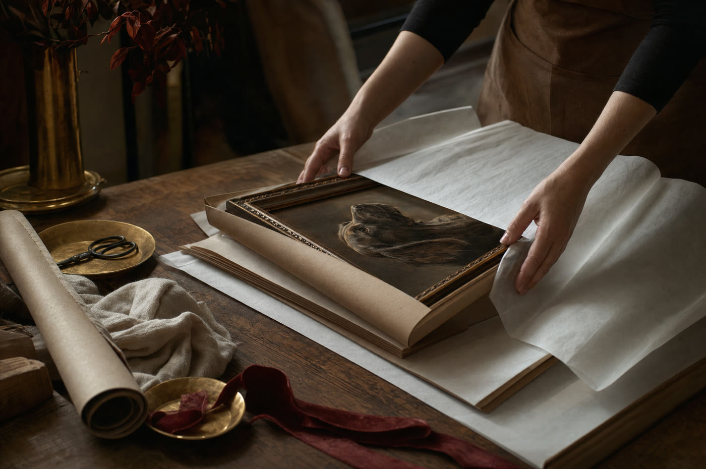 A framed pet portrait being wrapped for shipping