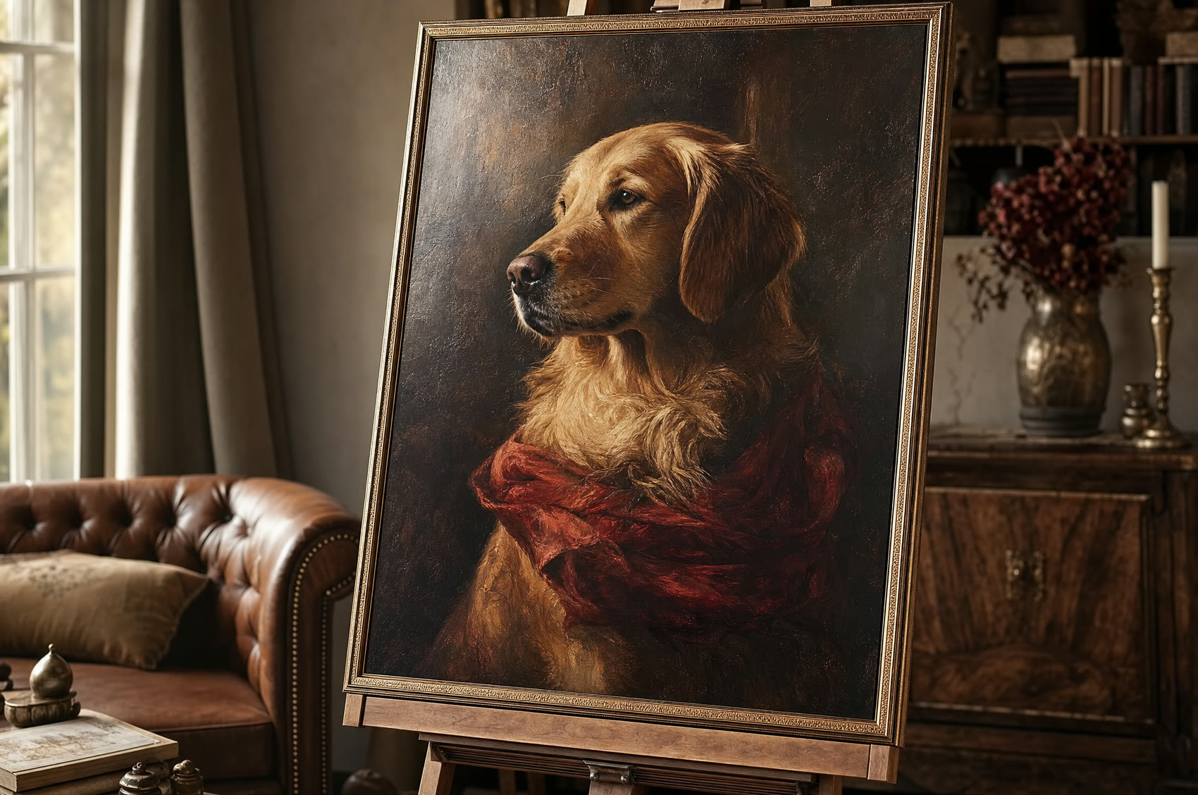 A framed gallery canvas pet portrait on an easel