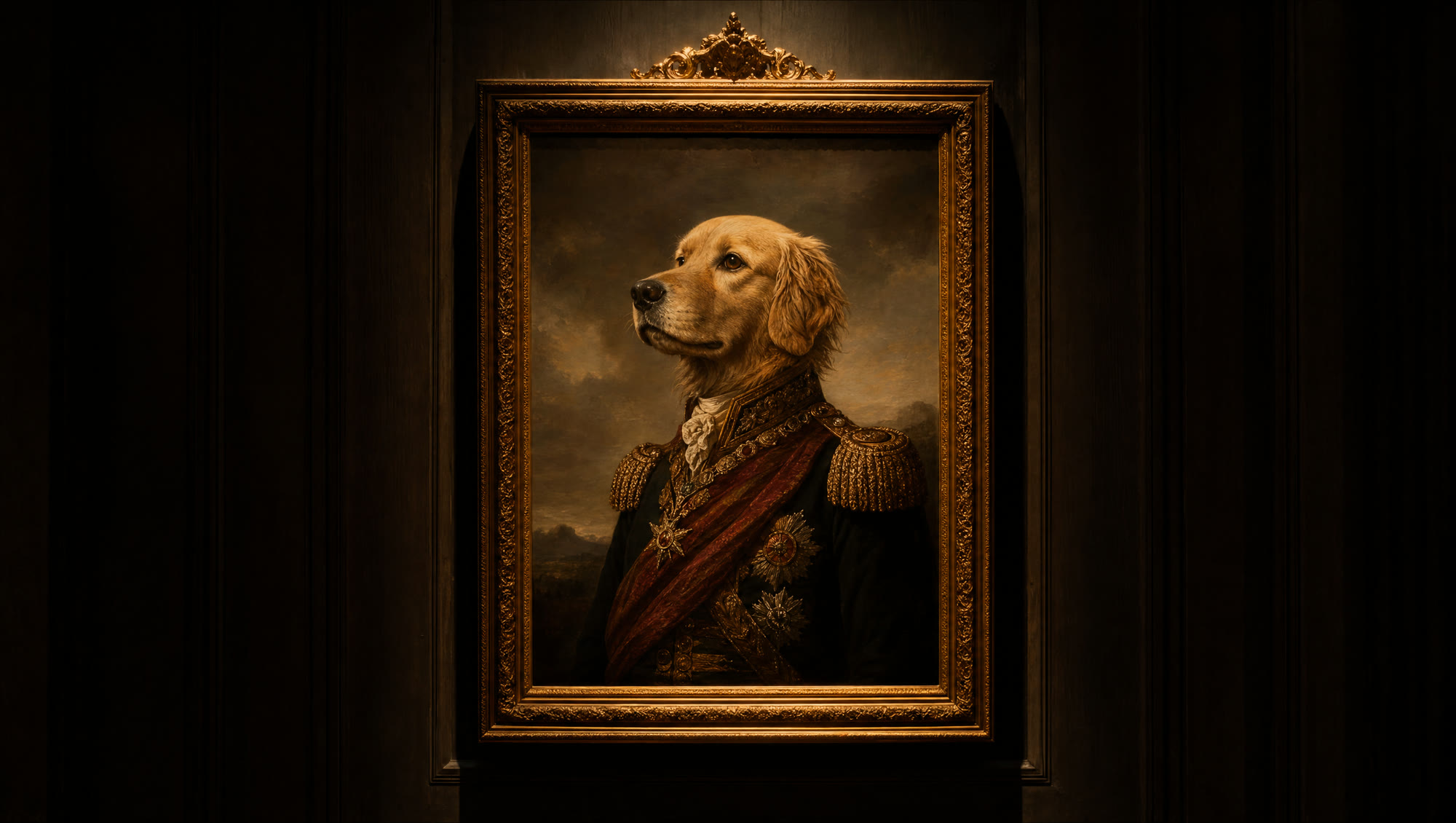 A royal pet portrait spotlit on a gallery wall