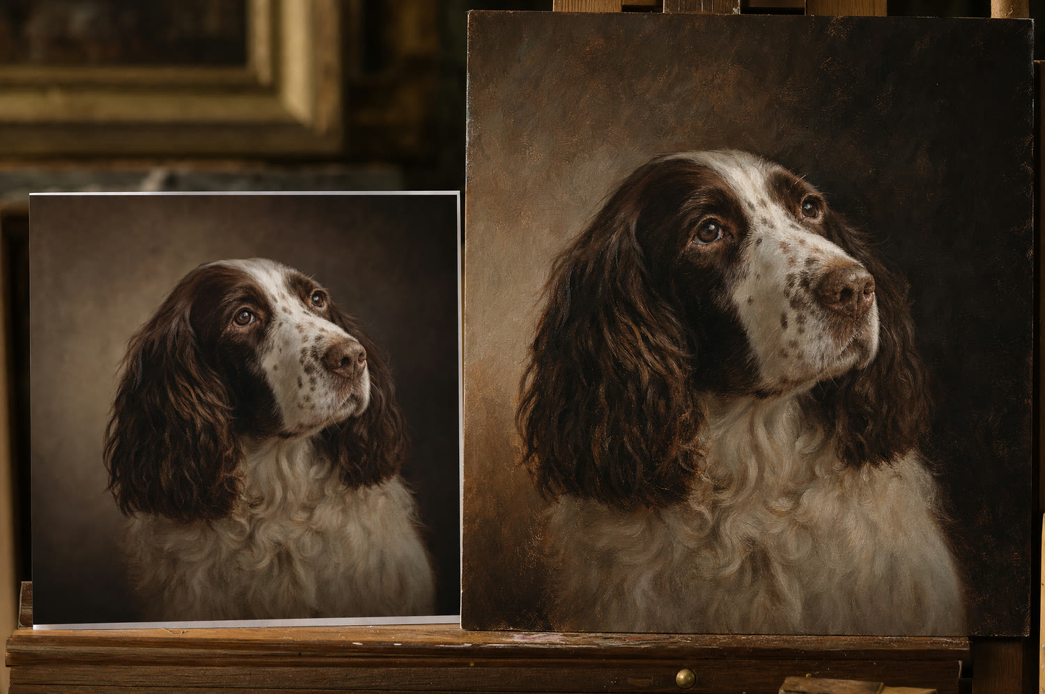 A dog photo beside its oil-painted portrait